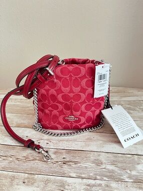NWT Coach Faye Mini Drawstring Bag Signature Denim denim/Silver/True Red🌸
